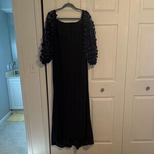 Elegant Navy Evening Dress with Floral Sleeve Detail